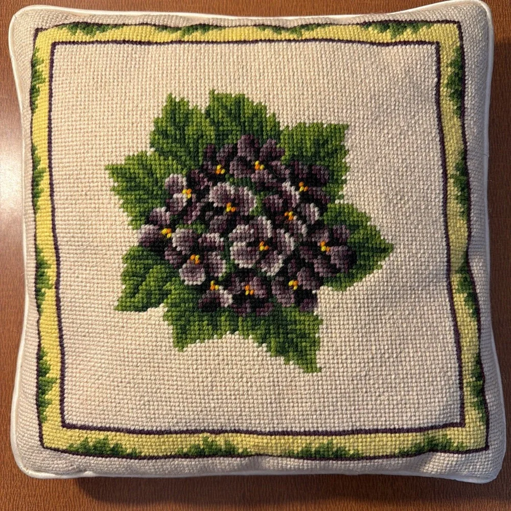 Vtg Needlepoint Pillow Purple Violets Zippered Cover Satin Backing 12x12